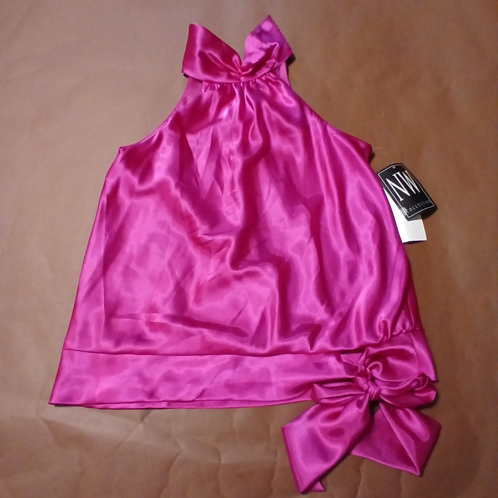 Satin Style XL Deep Hot Pick Halter Top  With Bow Shiny